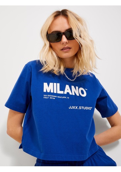 Jjxx Jack Jones Bayan Bisiklet Yaka Baskılı Kadın Tişört 12200326 Mavi