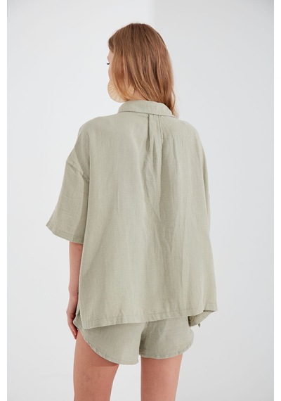 Manche Müslin Kadın Oversize Gömlek Olive Mks166965-01