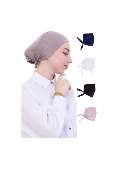 Modish Group Kadın Tesettür Bone Bağcıklı Dikişsiz Penye 4 Parça Set Siyah, Lacivert, Krem, Açık Vizon