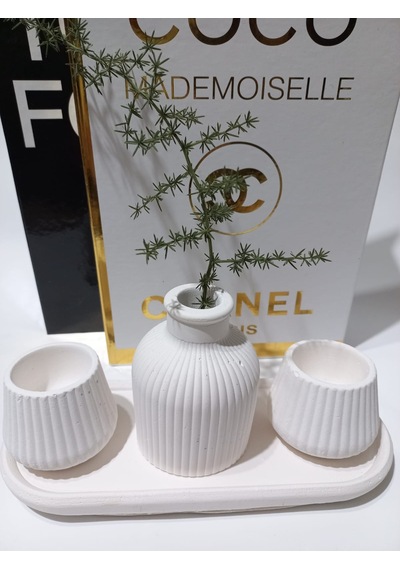 Küp Vazolu Tabaklı Tealight Mumluk Set Beyaz