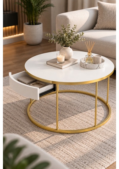 Sulorahome Beyaz Yuvarlak Çekmeceli Orta Sehpa Gold Ayaklı Altın - Beyaz