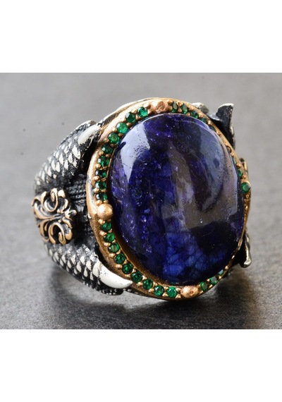 Doğal Cabochon Safir Taşlı Erkek Yüzüğü, 925 Ayar Gümüş Kartal Pençesi Tasarımı Gümüş