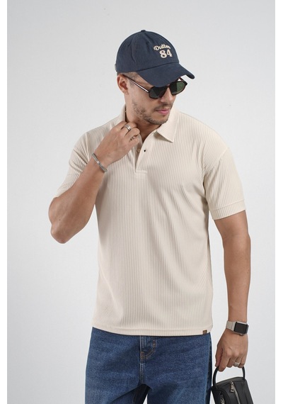 Polo Yaka Regular Kalıp Çizgili Erkek Basıc Tişört Bej