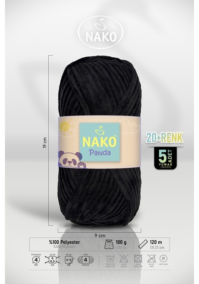 Panda - Siyah 3087 - 5'li Paket - 100gr/120m - Kadife El Örgü İpi - Amigurumi Punch İpi