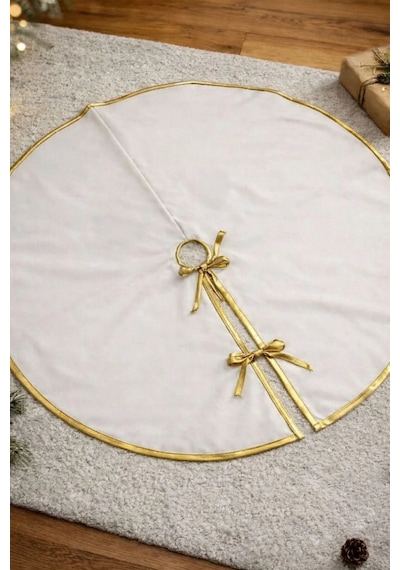 Çam Ağacı Etek Örtüsü 120 Cm Gold Biyeli Beyaz Ayak Gizleyici Dekoratif Örtü