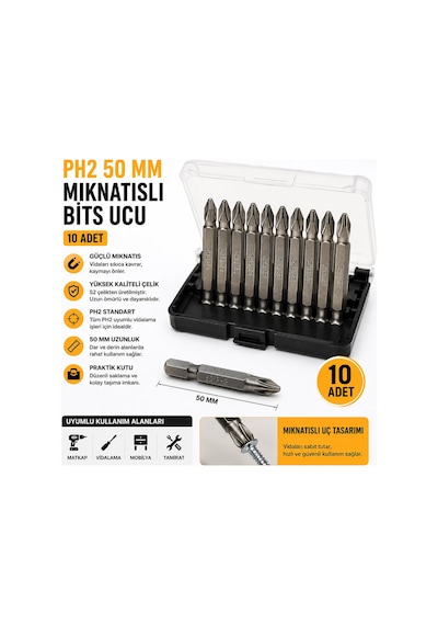 Ph2 50 Mm Mıknatıslı Bits Ucu Seti 10 Adet S2 Çelik Tornavida Ucu Kutulu