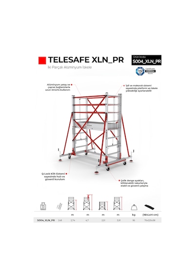 Çağsan 2x8 Basamaklı 4,7 M Çalışma Yüksekliği Telesafe Xln Premium - İki Parçalı Alüminyum İskele S004 Xln Pr