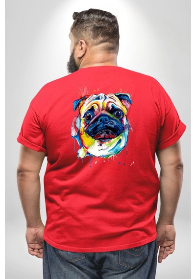 Angemiel Sulu Boya Pug Köpek Büyük Beden Kırmızı Tişört Kadın Erkek Ünisex Sırt Baskılı Kırmızı