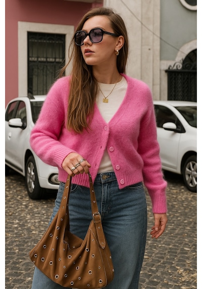 Pembe V Yaka Kadın Triko Hırka Mg2462 Pembe