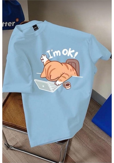 Yorgun Kedi İllüstrasyonlu Unisex Tasarım Tişört Turkuaz