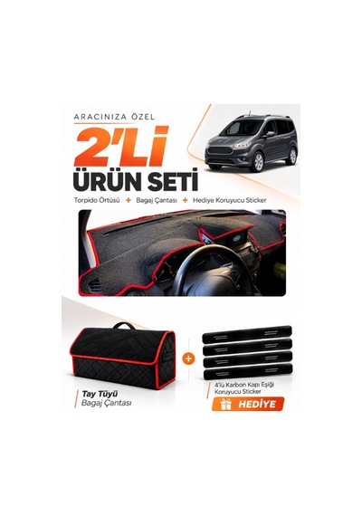 E-biz Ford Courier 2020-2023 Ekranlı Uyumlu Torpido + Tay Tüyü Çanta - Siyah-kırmızı - Fo005