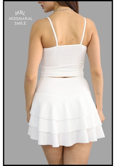 Mykonos Etek Ekru / Beyaz Içte Sabit Şortlu Yüksek Bel Likralı Bürümcük Kumaş Skirt With Shorts 1101 Ekru / Beyaz