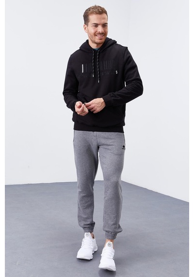 Tommy Life Siyah Nakışlı Kanguru Cep Standart Kalıp Kapüşonlu Erkek Sweatshirt - 87839 Siyah