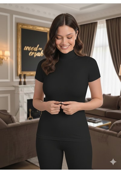 Lüx Wood Lüx Erşah 6008 Yarım Kol Boğazlı Badi - Pamuk Modal Likra Premium Penye Siyah