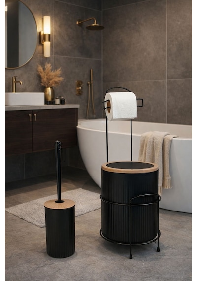 Modern Banyo Seti Kapaklı Çöp Kovası, Tuvalet Kağıtlığı Ve Wc Fırçası Minimal Tasarım Siyah
