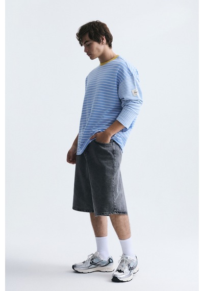 Vamos Kontrast Yaka Çizgili Sweatshirt Ekru-bebe Mavi