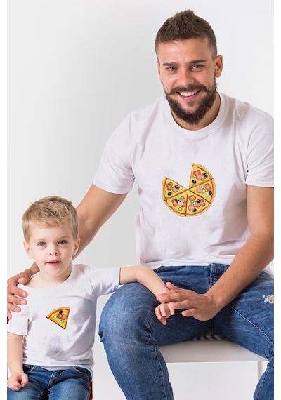 Pizza Ve Dilimi Beyaz Baba Oğul Kız Tişört Zıbın Kombini