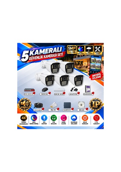 5 Kameralı 4k Sesli İp Güvenlik Kamerası Seti 5mp Gece Renkli Görüş 21 Warm Led Poe 421wsp