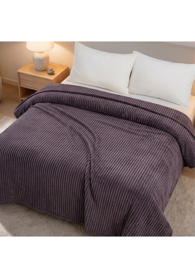 Maxstyle Çizgili Vizon Tek Kişilik Polar Battaniye Mürdüm 150x220 Cm Renkli