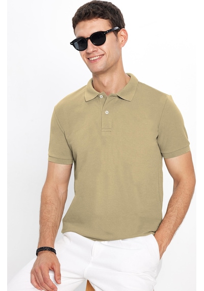 Tudors Erkek Slim Fit Dar Kesim Pamuklu Yumuşak Dokulu Serin Tutan Kumaş Düz Pike Bej Polo Yaka Tişört-33699 Bej