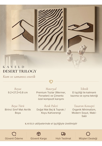 Desert Trilogy 3'lü Duvar Sanatı Seti - Modern Soyut Kum Tepesi Ve Rüzgar Dalgaları Motifli Kazıma Tablo, Organik Minimalist Oyma Tablo Seti