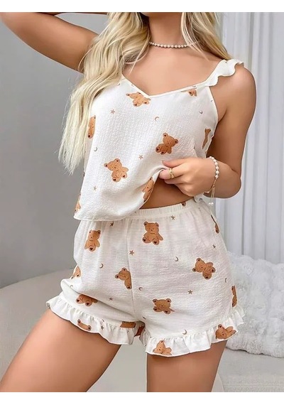Atyticaret Kadın Pamuklu Ayıcık Desen Fırfırlı Askılı Şortlu Pijama Takımı Görsel