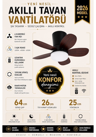 Yeni Nesil Tavan Vantilatörü 64 Cm Toplam Çap 6 Kademeli, 3 Işık Renkli, Kumandalı, Sessiz Fan Tavana Vidalı Montaj Avize