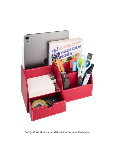 Masaüstü Düzenleyici,kalemlik,kumandalık,küpbloknotluk,tabletlik,kitaplık,6 Gözlü,çekmeceli,desktop Organizer,vegan,24,5 13 12 Kırmızı