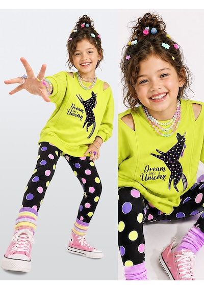 Kız Çocuk Takım Unicorn Sweatshirt - Puantiye Tayt Takım (4-10 Yaş)