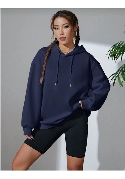 Mbb E-ticaret Kadın Kapüşonlu Kanguru Cepli 3 İplik Pamuklu Oversize Hoodie Sweatshirt - Lacivert