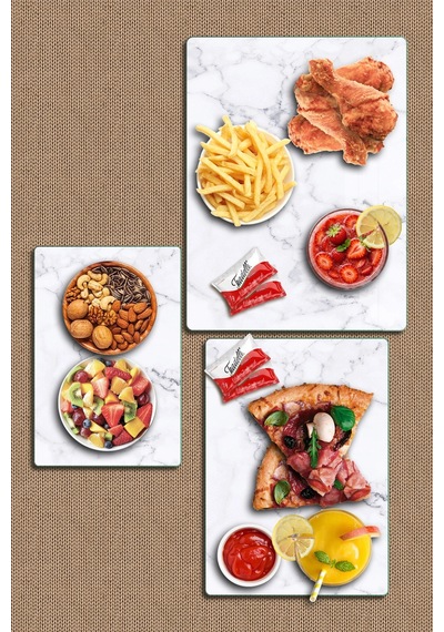 3'lü Cam Kesme Tahtası Ve Sunumluk Beyaz Mermer Desenli 20 X 30, 25 X 35 Ve 30 X 40 Cm Çok Renkli
