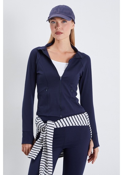 Fullamoda Parmak Geçirmeli Dalgıç Kumaş Slim Fit Ceket Lacivert