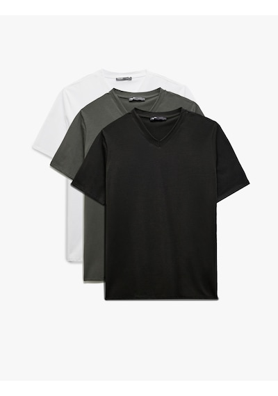 Koton V Yaka Pamuklu Slim Fit Basic 3'lü Erkek Tişört Seti Multıcolor 5sam10363hk Mavi