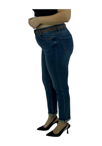 Büyük Beden Denim Toparlayıcı Kemerli Yüksek Bel Boru Paça Kadın Pantolon Mavi