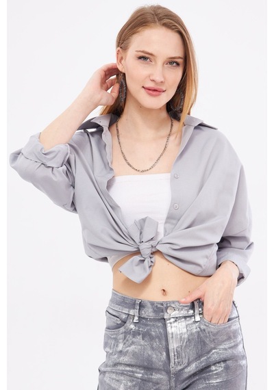 Armonika Kadın Gri Oversize Uzun Basic Gömlek Arm-22y001118