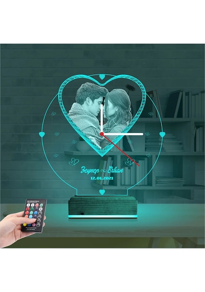 Luvivia Kalp Sevgiliye Hediye V1 Fotoğraflı Saatli 3d Lamba - Masa Gece Lambası