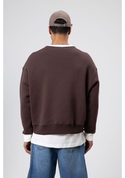Vamos Bisiklet Yaka Cep Detaylı Oversize Sweatshirt Kahve