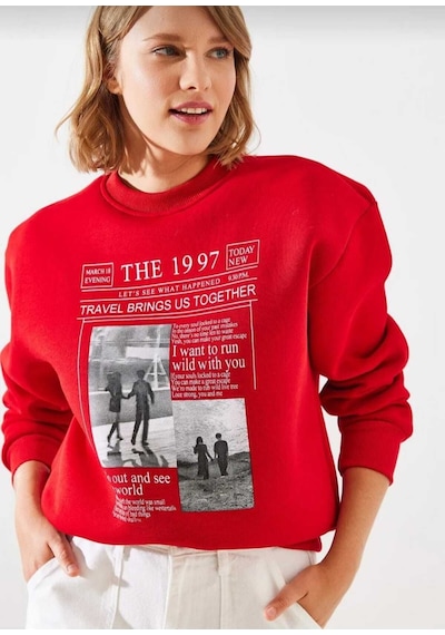 Kozia Outdoors Malkoçbey Gazete Baskılı Oversize Unisex O Yaka Swaetşhirt Kırmızı Kırmızı