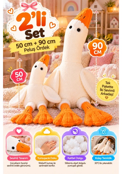 Beyaz Peluş Ördek 2'li Set 50 Cm Ve 90 Cm Yumuşak Welsoft Kumaş Sarılmalık Oyuncak Çocuk Odası Dekor