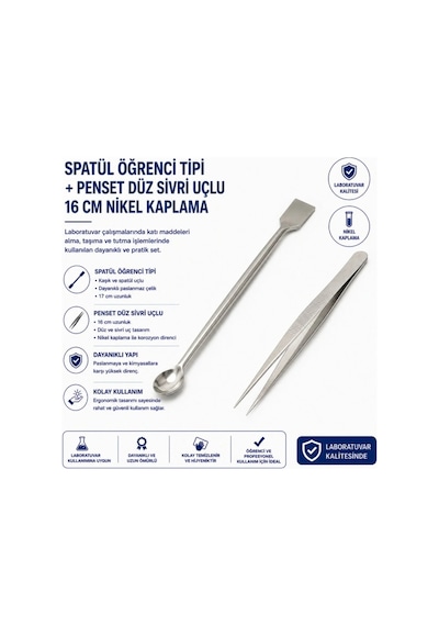 Spatül Öğrenci Tipi + Penset Düz Ssivri Uçlu 16 Cm Nikel Kaplama