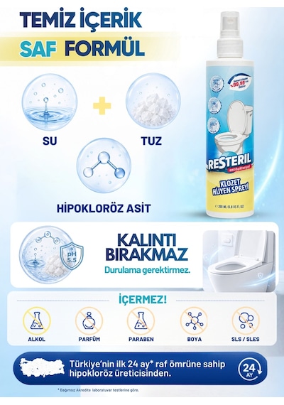 Klozet Temizleyici Hızlı Etkili Dezenfektan Sprey Klozet Kapağı Temizleyici Alkolsüz Hipokloröz Asit Tuvalet Koku Giderici 200 ML