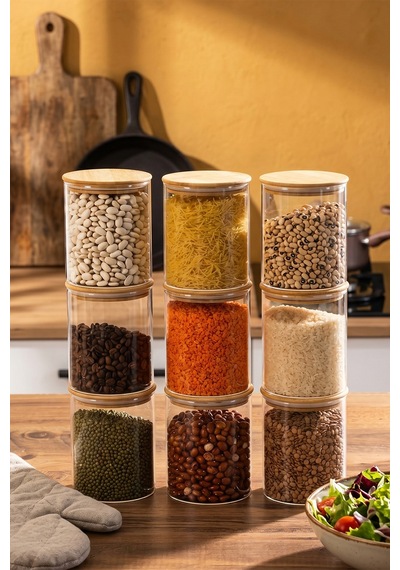 Porsima 1-3 Bambu Vakumlu Kapaklı Yuvarlak Borosilikat Cam 9lu Kavanoz Seti Saklama Kabı 750ml 10x12cm