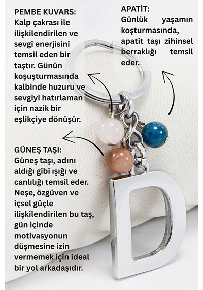 Gümüş Renkli D Harfi Anahtarlık / Hediyelik Çanta Süsü Doğal Taşl