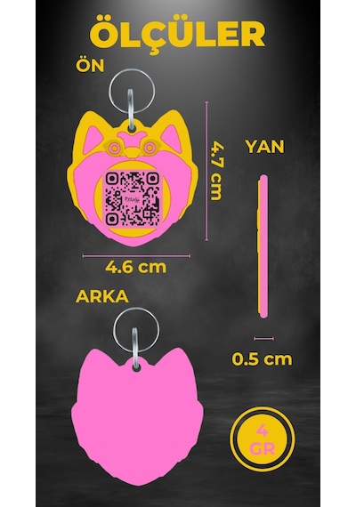 Petjoo 19.Hachiko Pembe-Sarı Qr'lı Köpek Künyesi