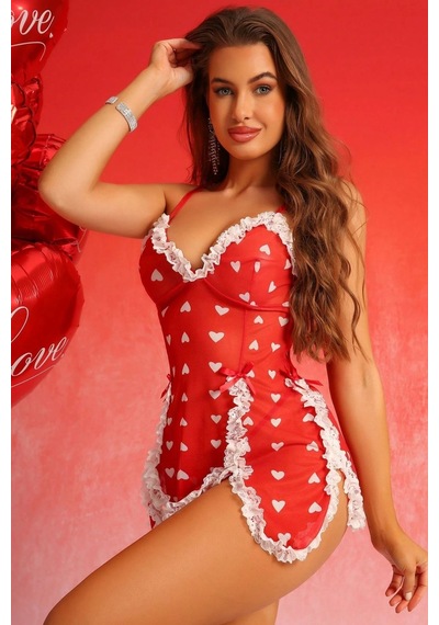Bella Notte Sevgililer Günü Kırmızı Kalp Baskılı Dantel Detaylı Gecelik
