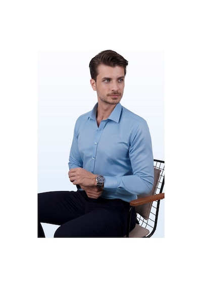 Şeker Mavisi Saten Slimfit Erkek Gömlek Açık Mavi
