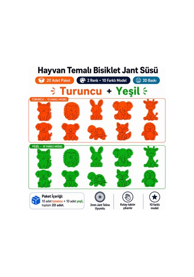 Hayvan Temalı Bisiklet Jant Süsü 20 Parça 2 Renk 10 Farklı Model Yeşil-turuncu Turuncu - Yeşil