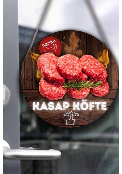 Kasap Dükkanı Cam Kapı Pano Karşılama Tabelası, Kasap Köftesi Askılı Dükkan Süs Tablo Dekoru