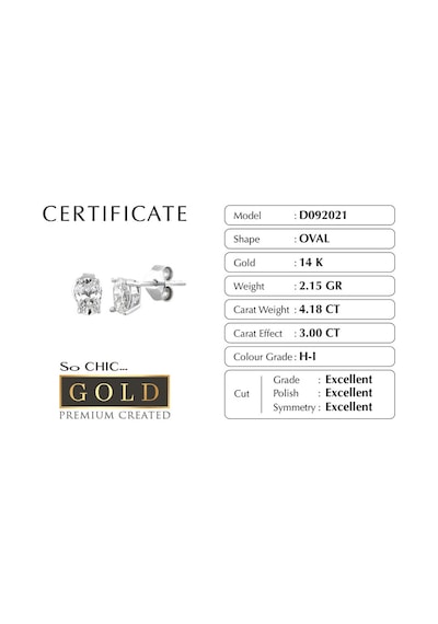 So Chıc Beyaz Altın Sertifikalı Premium Created Taşlı 3.00 Ct Effect Oval Tektaş Küpe