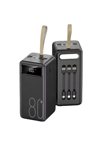 80000mah 4 Usb Çıkışlı Powerbank Type C Lightning Ve Mikro Usb Girişli El Fenerli Siyah